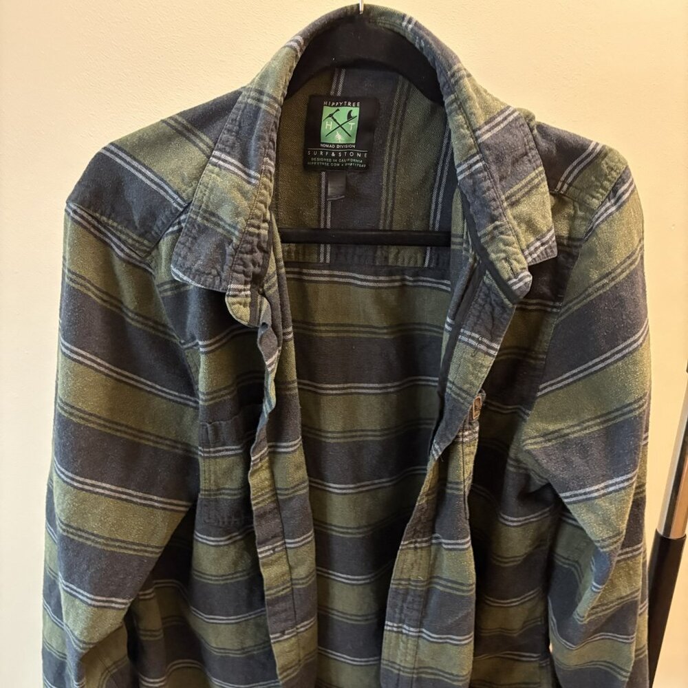 Hippytree Nomad Division Button Down Striped Black and Green Flannel- XL